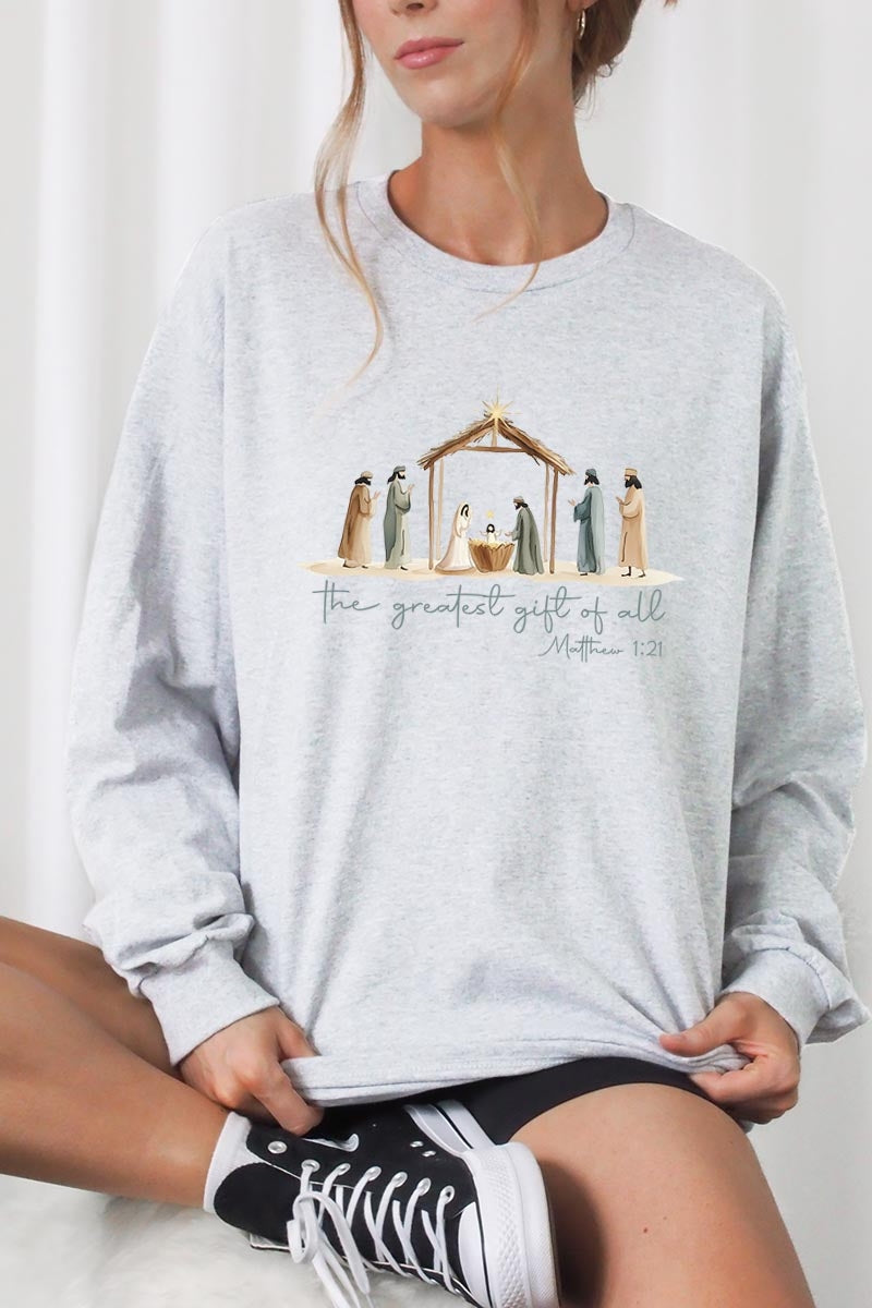 UL240P-E3183 Nativity Gift Graphic Plus Long Sleeve Tee $17