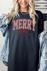 5000P-E3206 Plaid Merry Christmas Bow Graphic Plus Heavy Cotton Tee $12.75