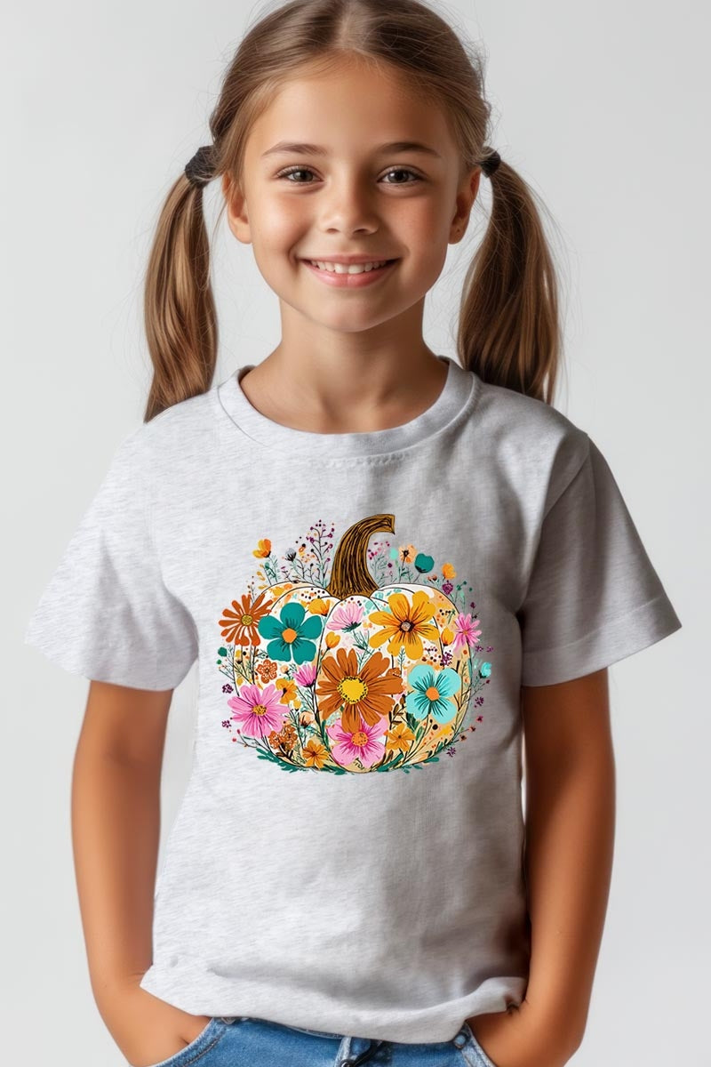 US3001Y-E3118Z Floral Pumpkin Kids Graphic Tee $11
