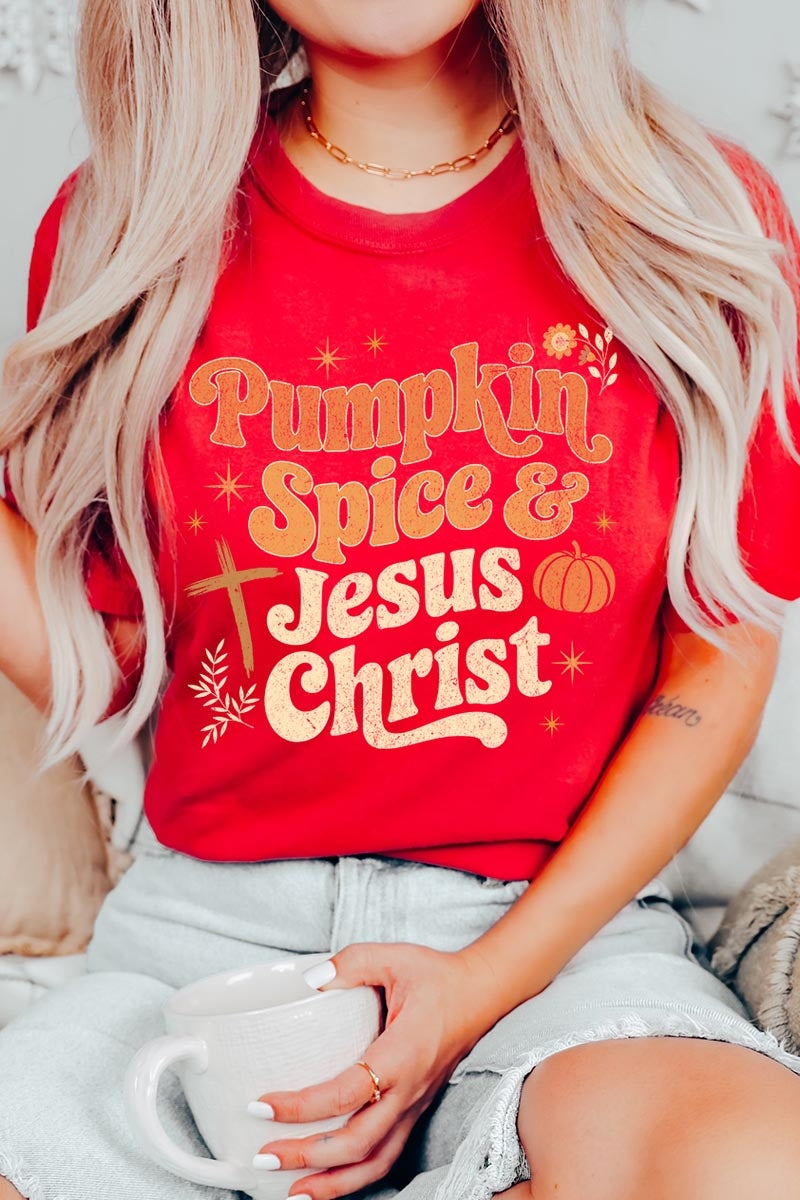 US3001P-E3164 Pumpkin Spice & Jesus Graphic Plus Tee $16