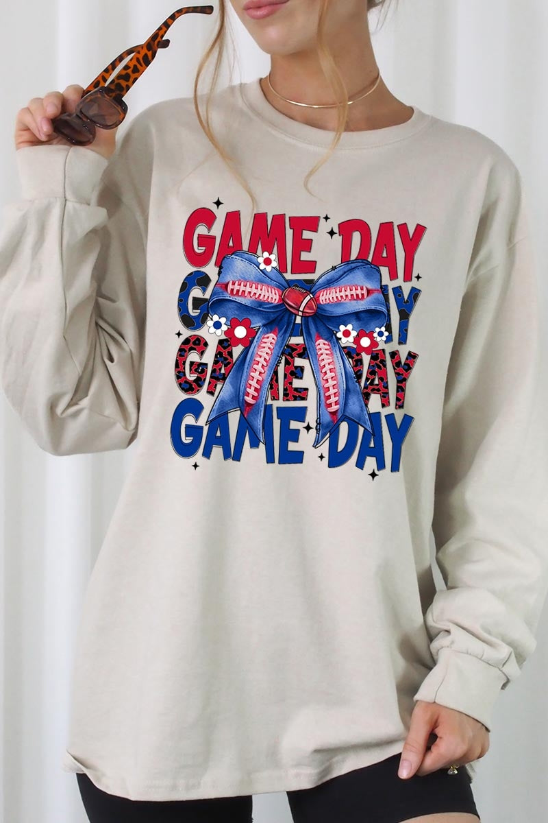 UL240P-E3087 Red Blue Football GameDay Bow Plus Long Sleeve Tee $17