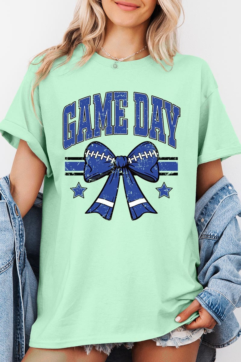 5000P-E3065 Blue Football Bow Graphic Plus Heavy Cotton Tee $12.75