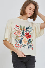 CTS-E3186 Floral Christmas Graphic Relaxed Crop Top $11