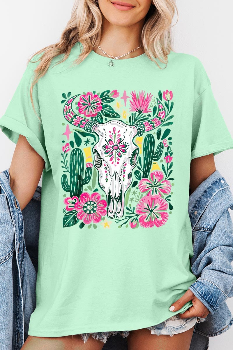 5000-E3086 Western Floral Cow Skull Graphic Heavy Cotton Tee $9