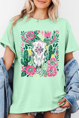 5000-E3086 Western Floral Cow Skull Graphic Heavy Cotton Tee $9