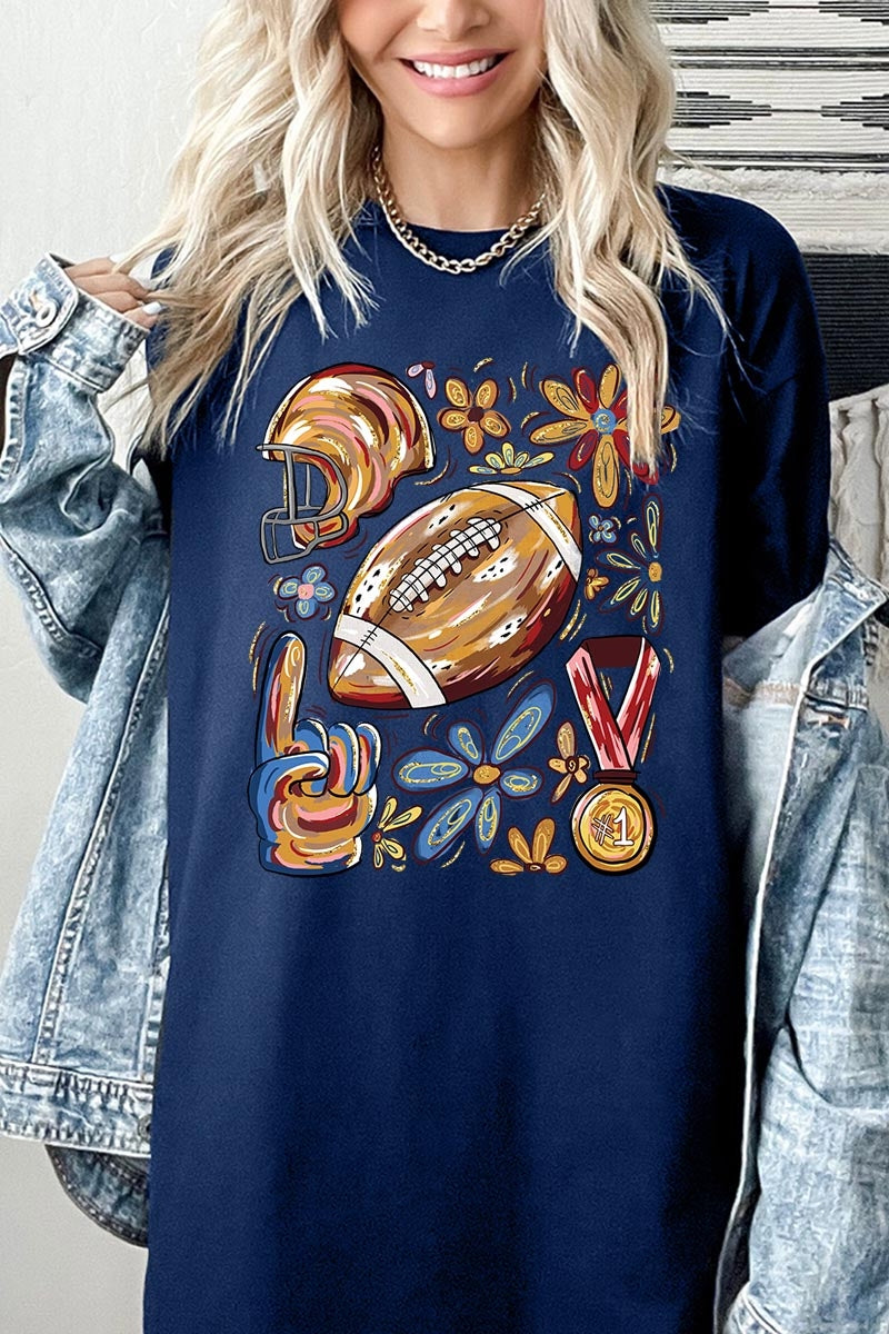 5000P-E3072 Retro Floral Football Graphic Plus Heavy Cotton Tee $12.75