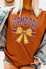 US3001-E3063 Purple Game Day Football Bow Graphic Tee $12.5