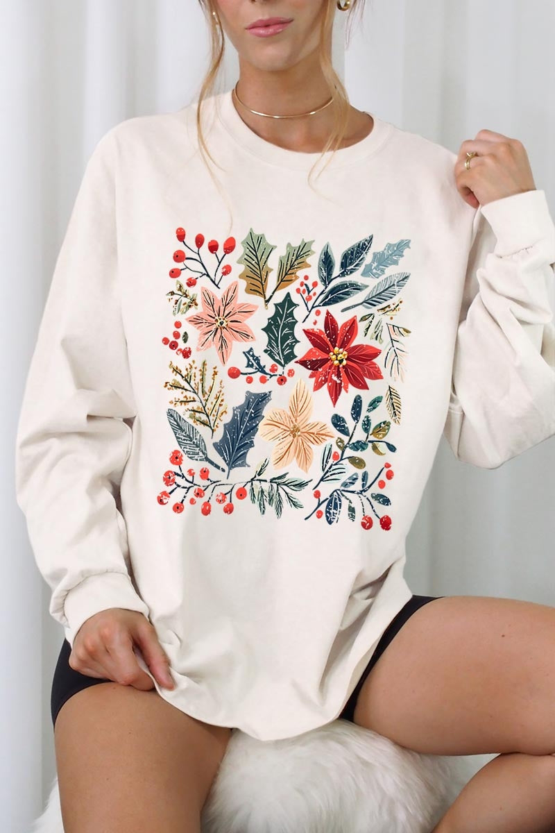 UL240-E3186 Floral Christmas Graphic Long Sleeve Tee $13.75