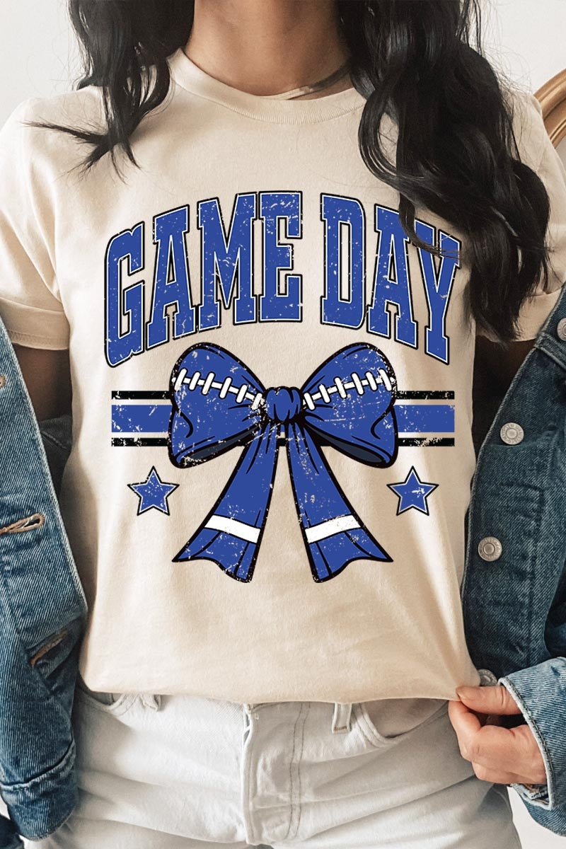 US3001P-E3065 Blue Game Day Football Bow Graphic Plus Tee $16