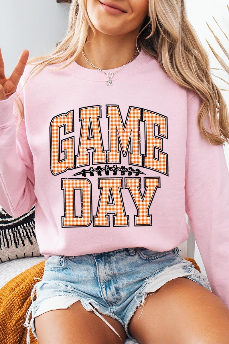 UL180P-E3129 Orange Gingham Game Day Graphic Plus Sweatshirt $25