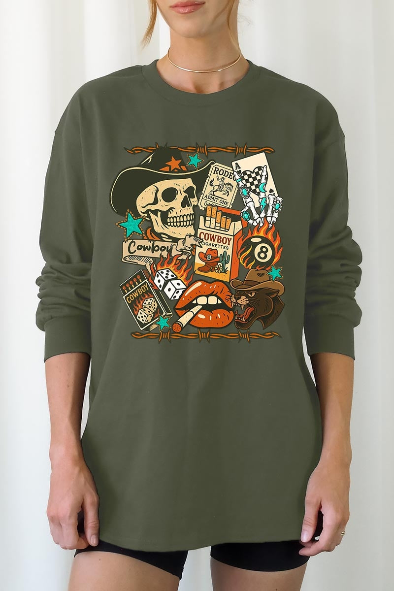 UL240-E3096 Vintage Western Collage Graphic Long Sleeve Tee $13.75