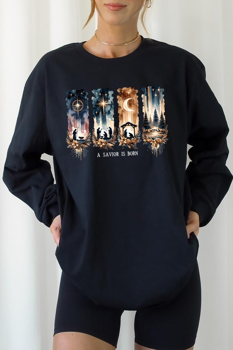UL240-E3204 Savior Is Born Nativity Graphic Long Sleeve Tee $13.75
