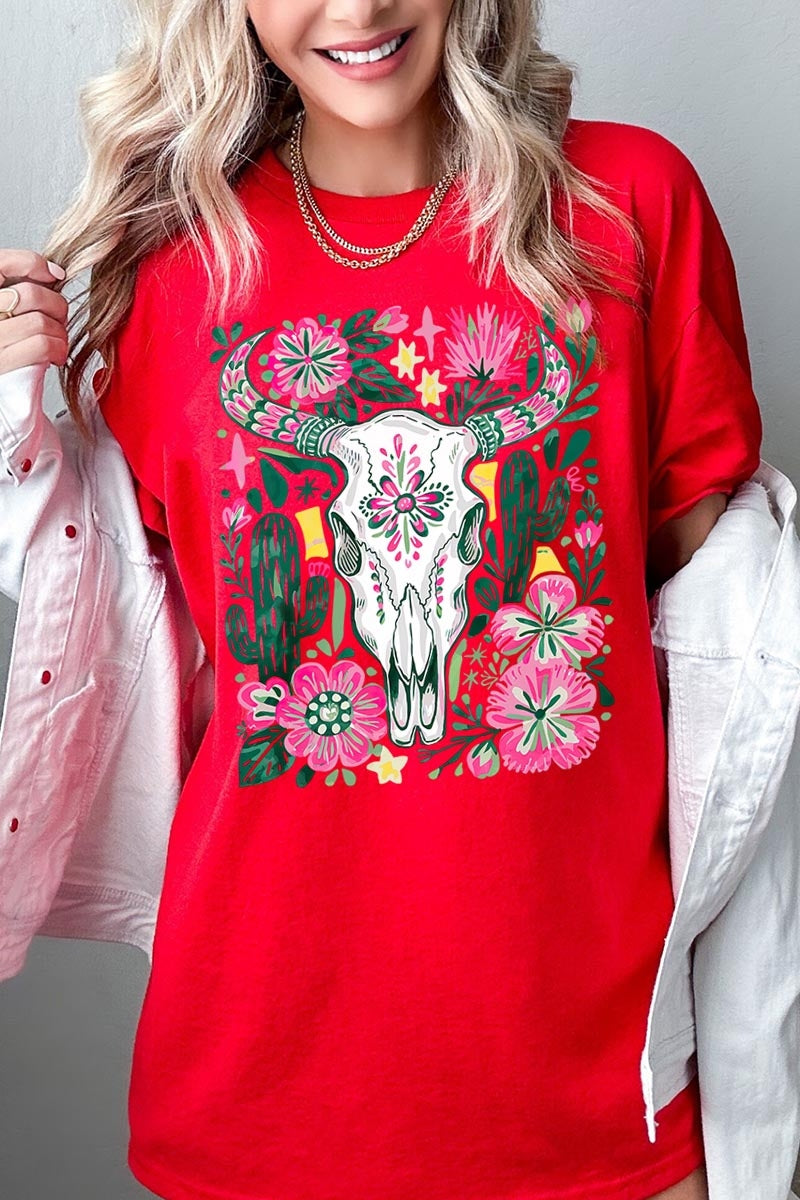 5000P-E3086 Western Floral Cow Skull Plus Heavy Cotton Tee $12.75