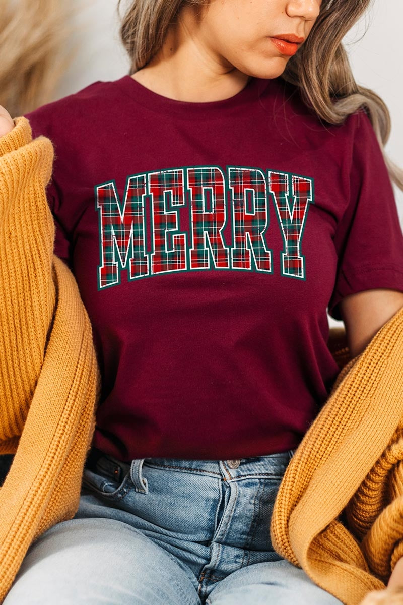 US3001-E3210 Classic Plaid Merry Graphic Tee $12.5