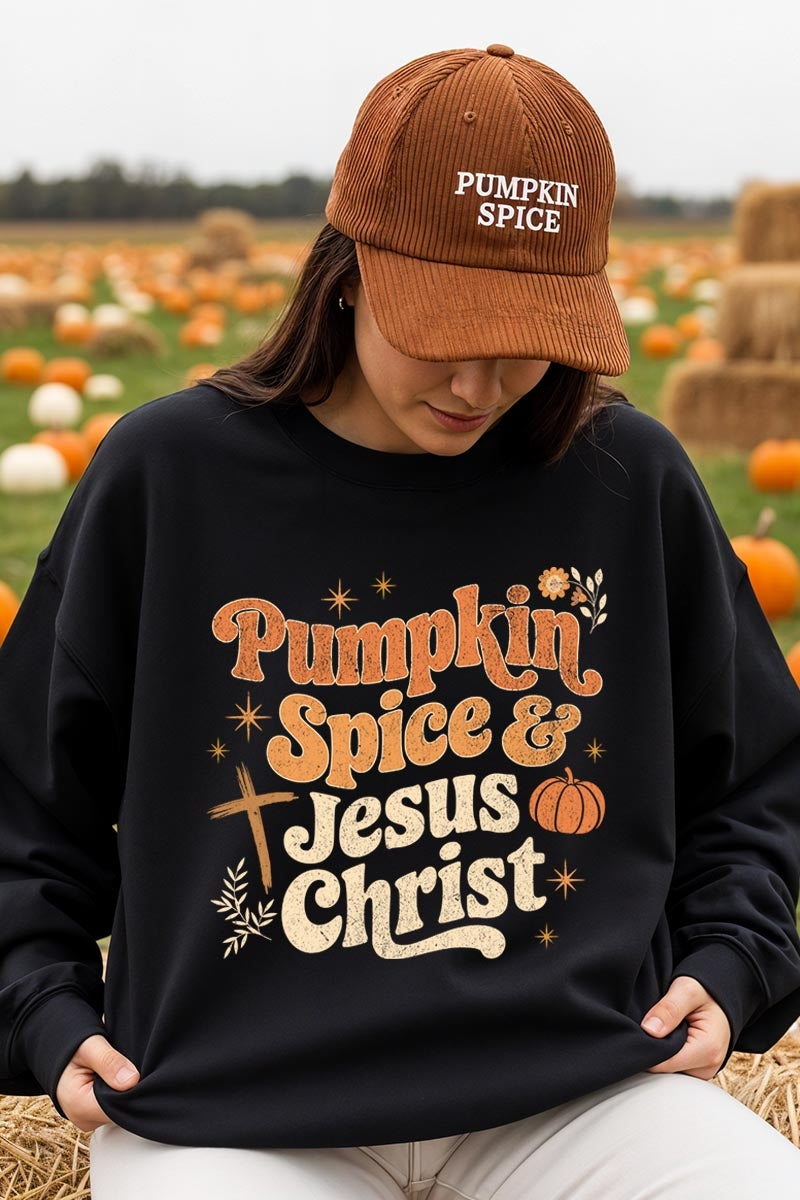 UL180P-E3164 Pumpkin Spice & Jesus Graphic Plus Sweatshirt $25