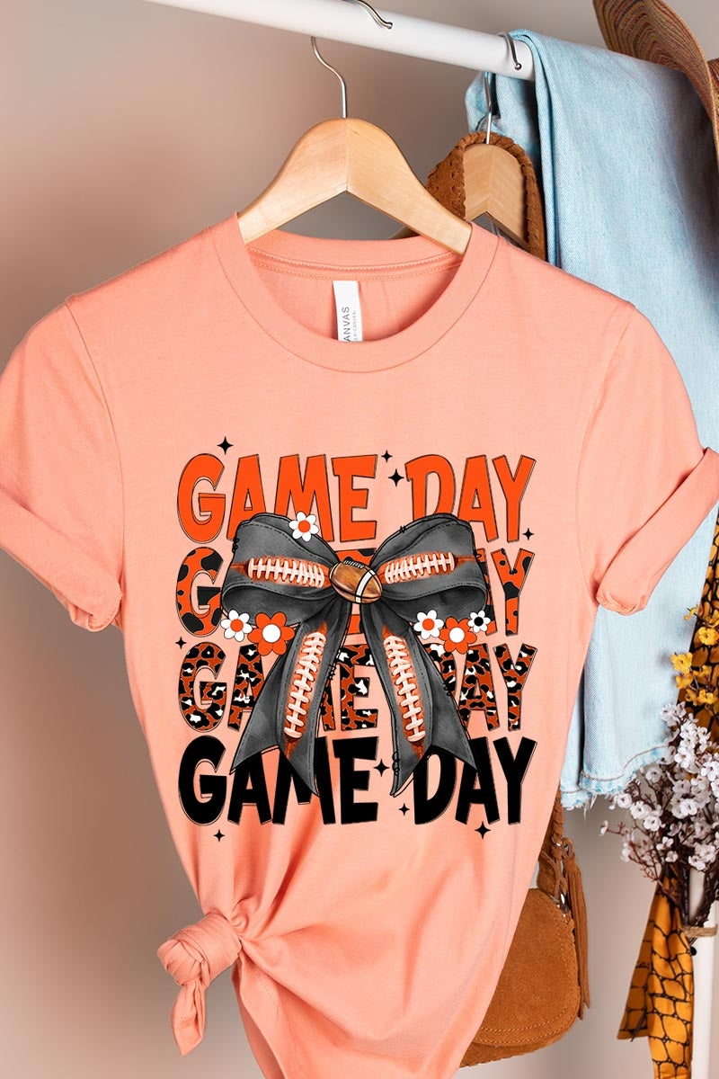 US3001P-E3088 Orange Black Football Game Day Bow Plus Tee $16