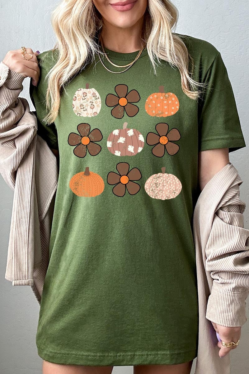 US3001-E3117 Pumpkins & Flowers Fall Graphic Tee $12.5