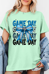 5000-E3089 Blue Silver Football Game Day Bow Heavy Cotton Tee $9