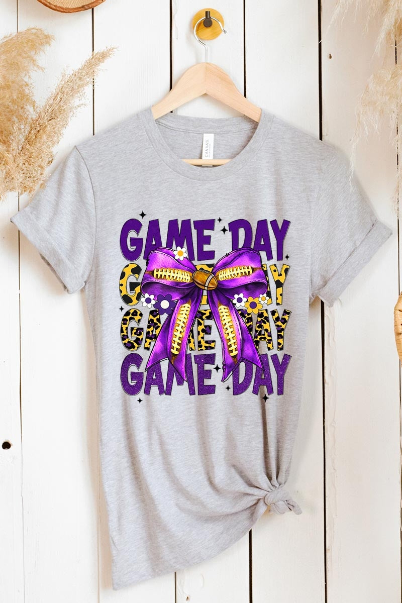 US3001P-E3092 Purple Yellow Football Game Day Bow Plus Tee $16