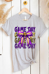 US3001-E3092 Purple Yellow Football Game Day Bow Graphic Tee $12.5