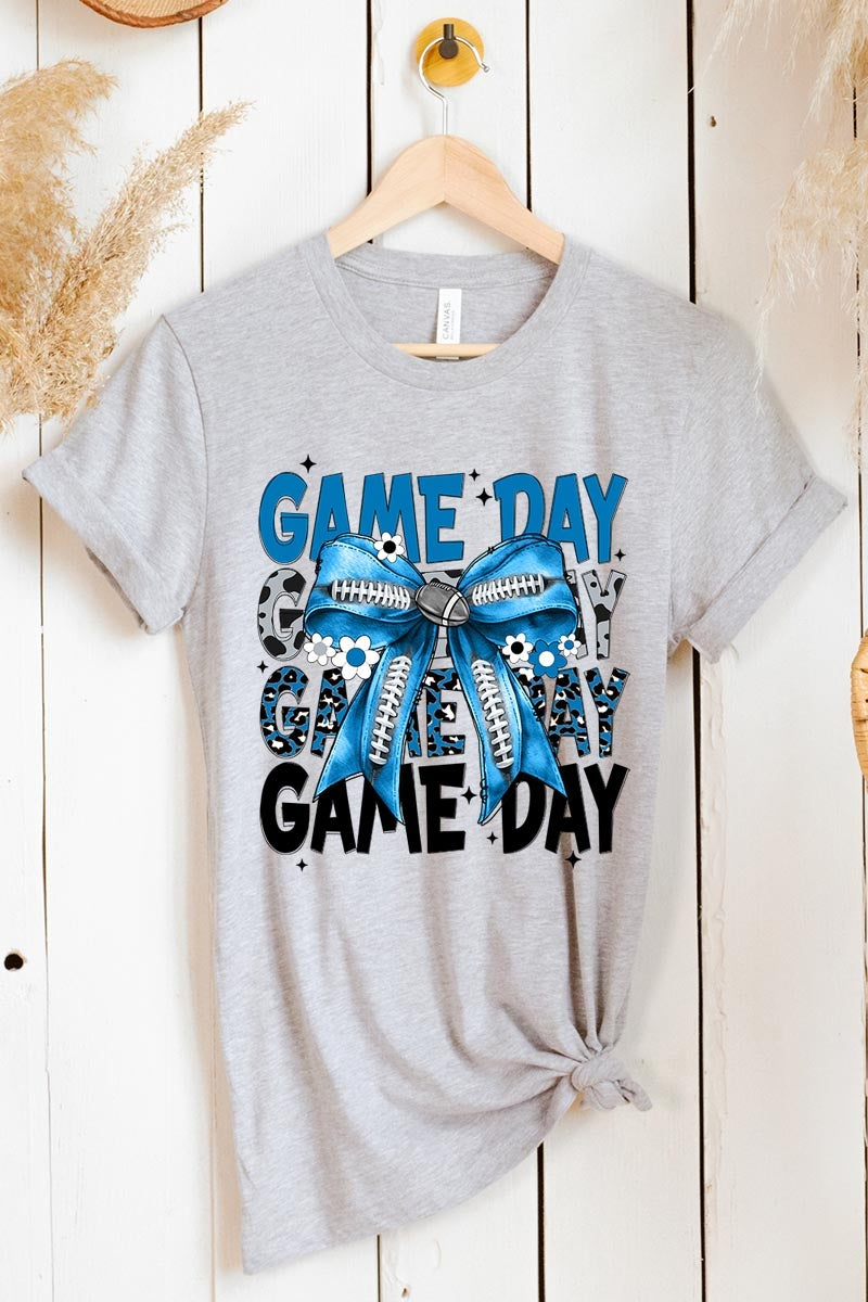 US3001-E3089 Blue Silver Football Game Day Bow Graphic Tee $12.5