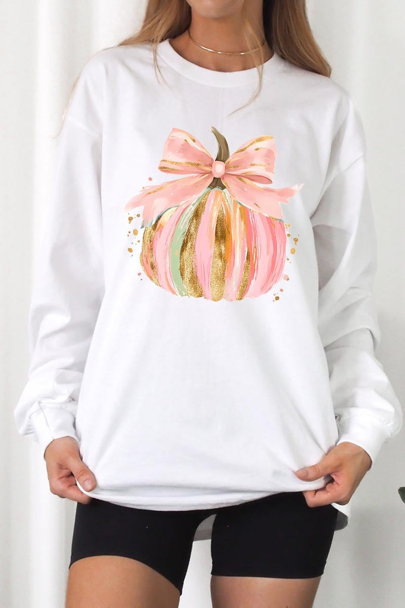UL240-E3083 Brushstroke Pumpkin Graphic Long Sleeve Tee $13.75