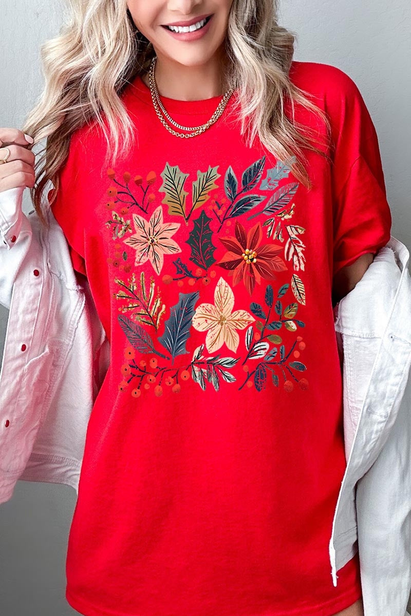 5000-E3186 Floral Christmas Graphic Heavy Cotton Tee $9