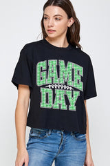 CTS-E3128 Green Gingham Game Day Graphic Relaxed Crop Top $11