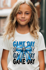 US3001Y-E3089Z Blue Silver Football Game Day Bow Kids Graphic Tee $11