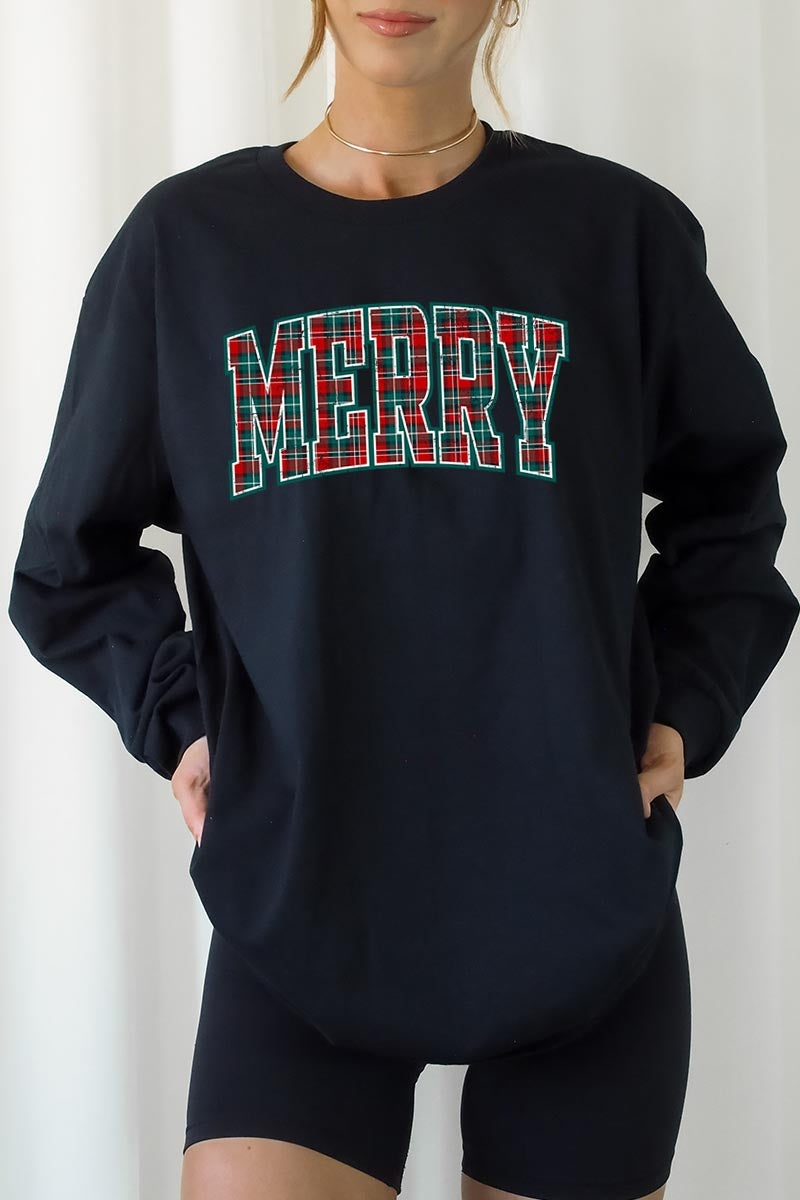 UL240P-E3210 Classic Plaid Merry Graphic Plus Long Sleeve Tee $17