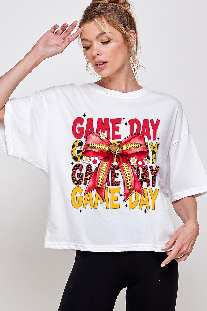CTS-E3091 Red Yellow Football Game Day Bow Relaxed Crop Top $11