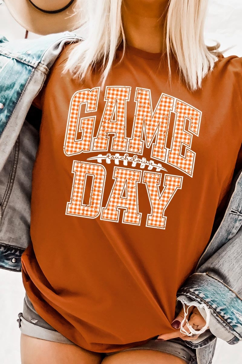 US3001P-E3129 Orange Gingham Game Day Graphic Plus Tee $16