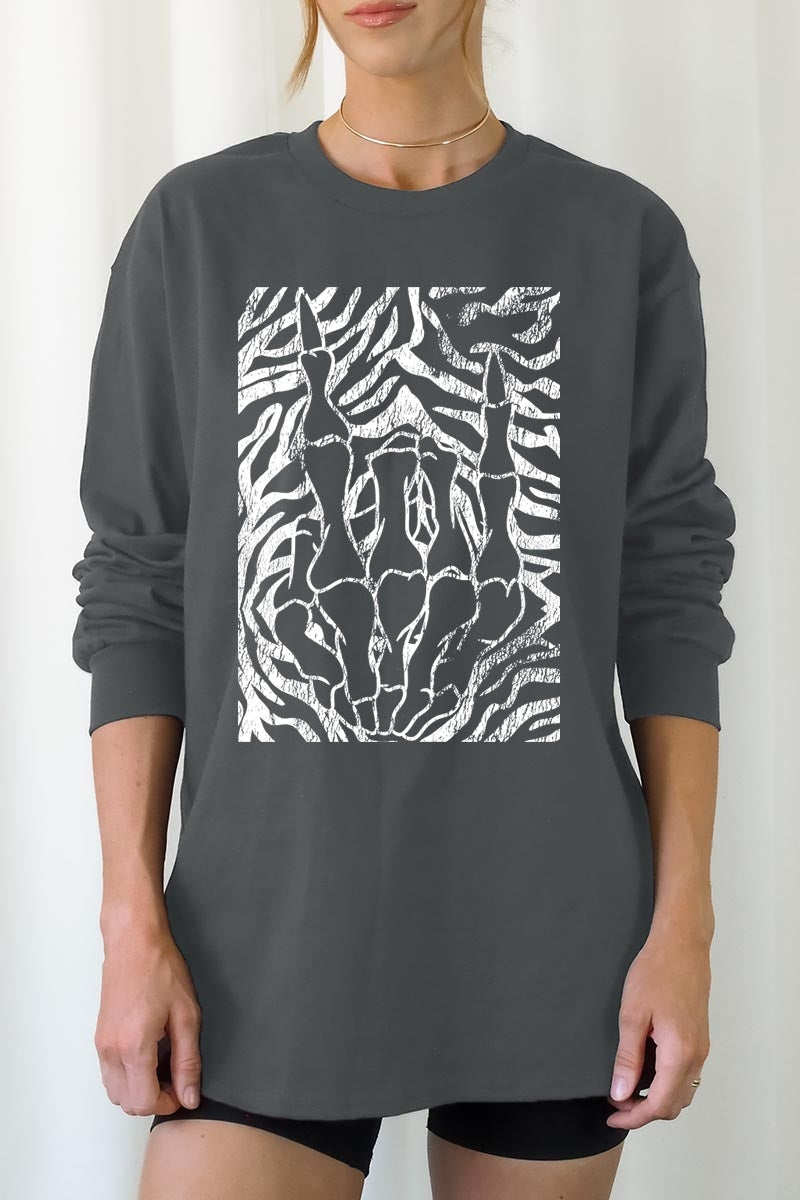 UL240-E3177 Skeleton Hands Zebra Graphic Long Sleeve Tee $13.75