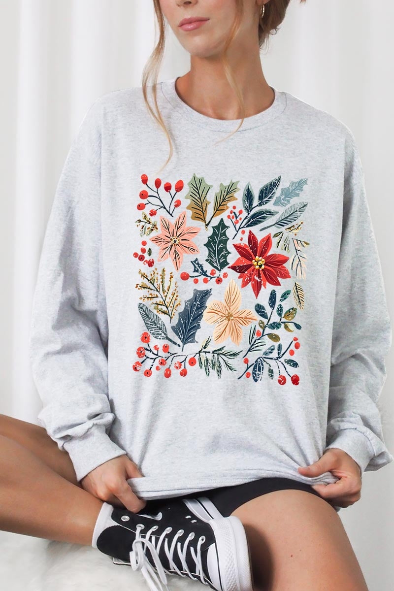 UL240-E3186 Floral Christmas Graphic Long Sleeve Tee $13.75