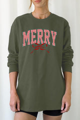 UL240P-E3206 Plaid Merry Christmas Bow Graphic Plus Long Sleeve Tee $17