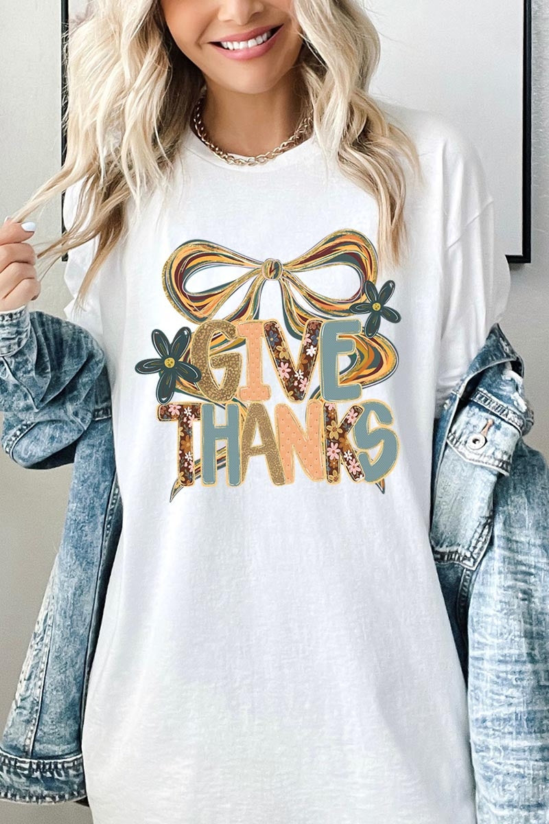 5000P-E3154 Give Thanks Bow Graphic Plus Heavy Cotton Tee $12.75
