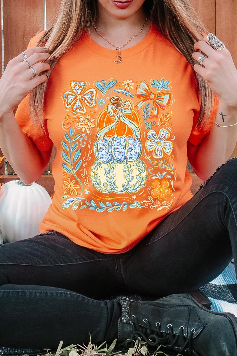 US3001P-E3153 Floral Pumpkin Stack Graphic Plus Tee $16