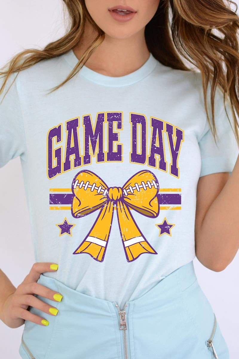 US3001-E3063 Purple Game Day Football Bow Graphic Tee $12.5