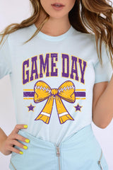 US3001-E3063 Purple Game Day Football Bow Graphic Tee $12.5