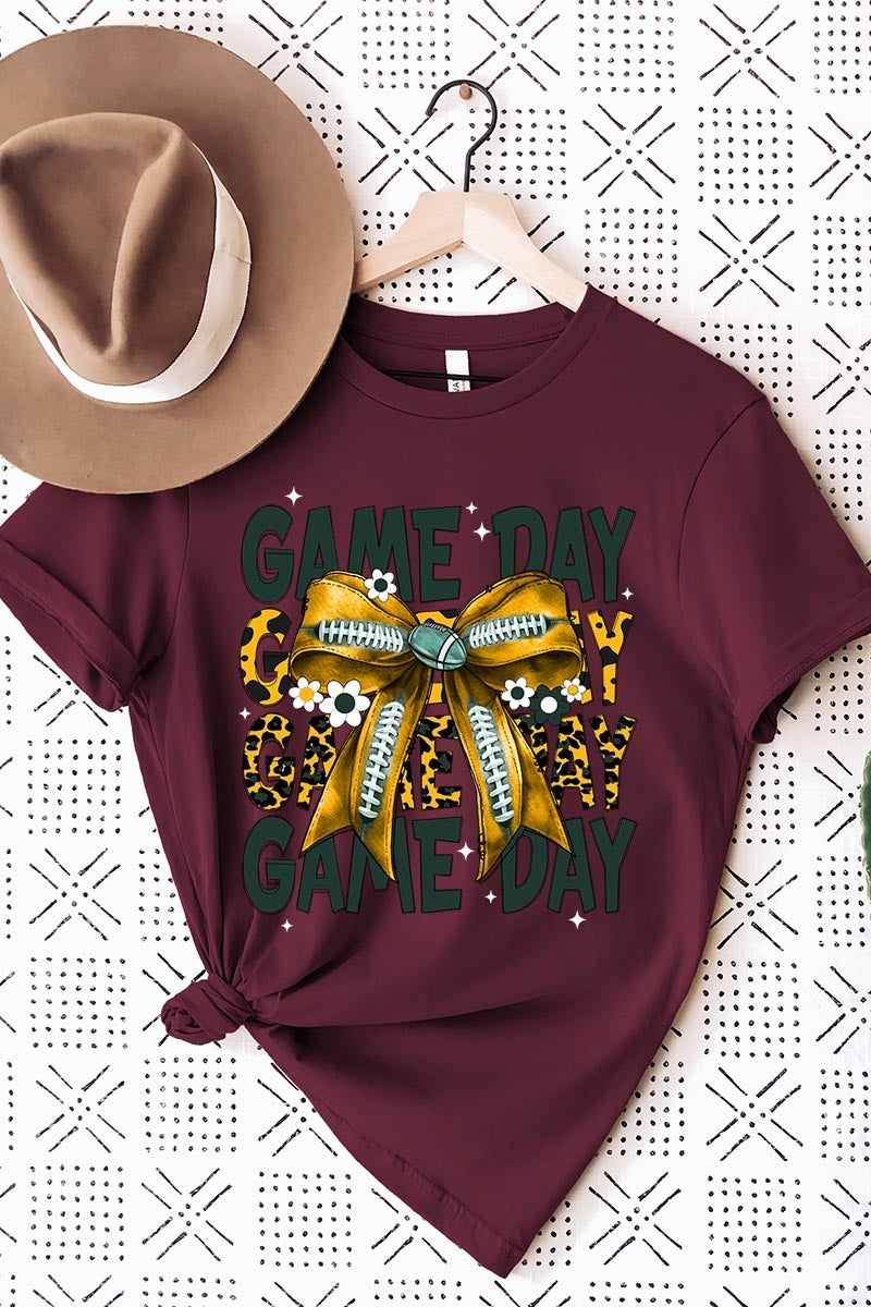 US3001P-E3090 Yellow Football Game Day Bow Graphic Plus Tee $16
