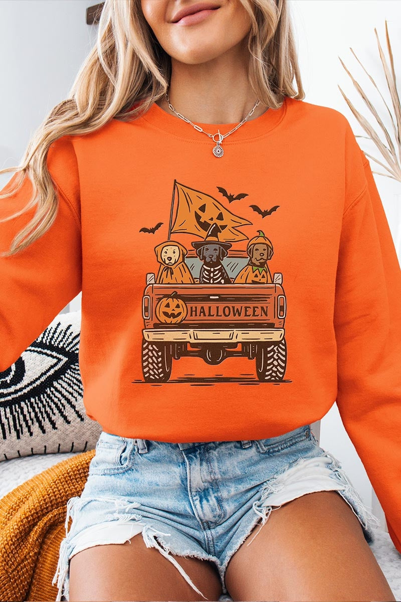 UL180P-E3150 Halloween Truck Dogs Graphic Plus Sweatshirt $25