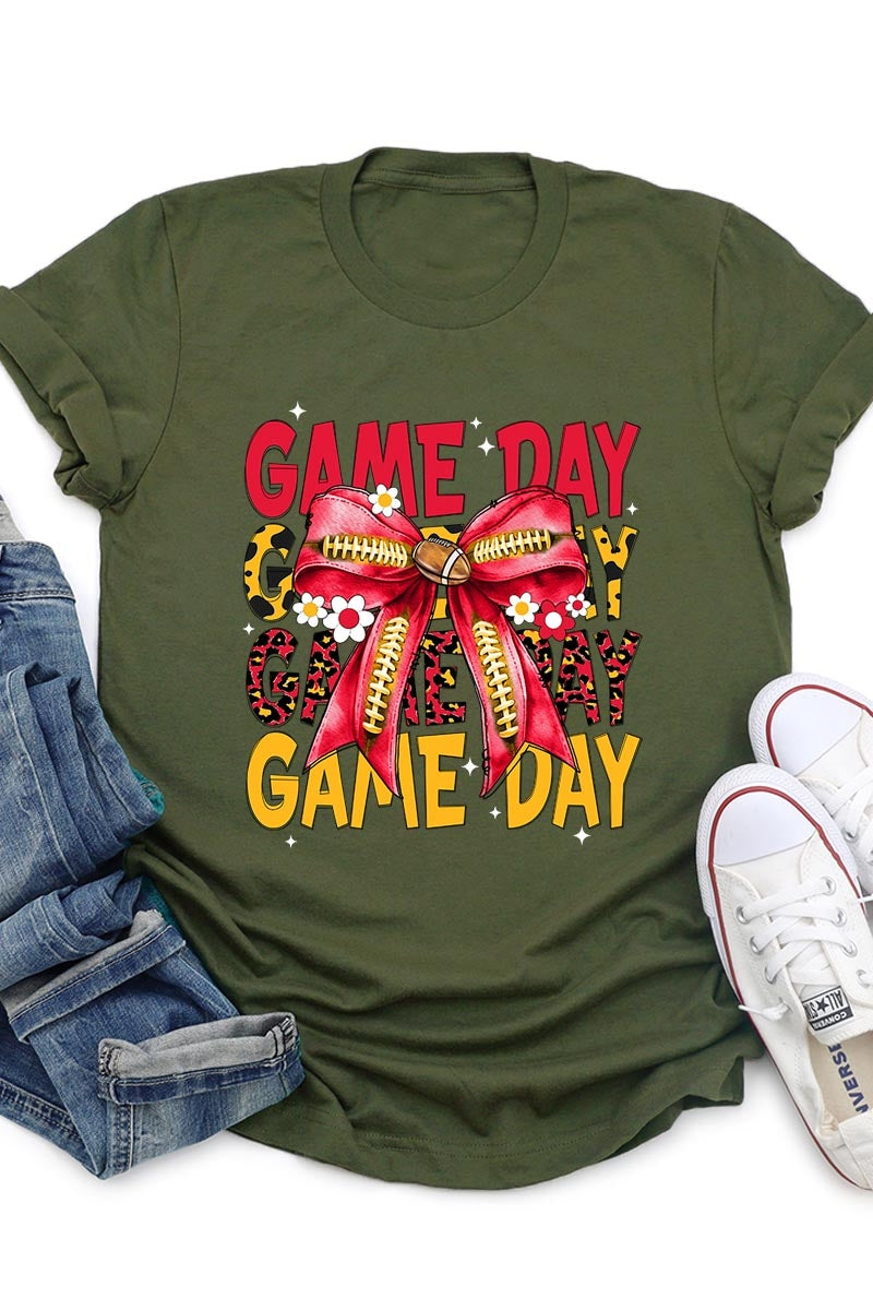 US3001P-E3091 Red Yellow Football Game Day Bow Graphic Plus Tee $16