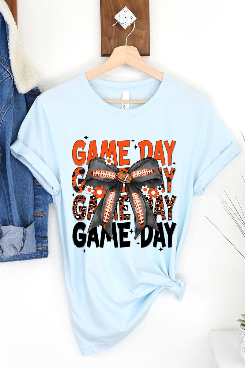 US3001-E3088 Orange Black Football Game Day Bow Graphic Tee $12.5