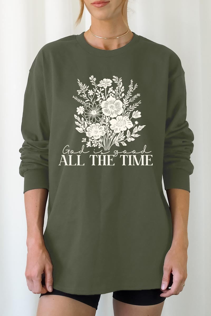 UL240-E3116 God Is Good Floral Graphic Long Sleeve Tee $13.75