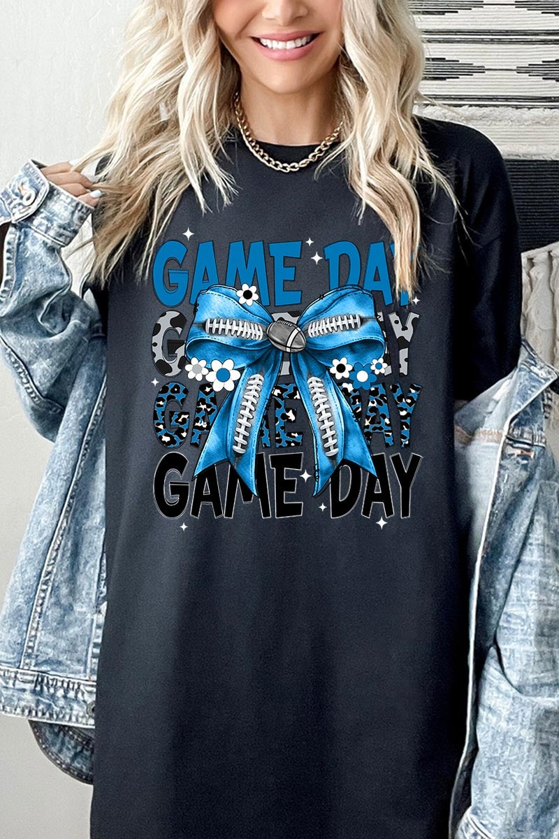 5000-E3089 Blue Silver Football Game Day Bow Heavy Cotton Tee $9