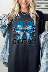 5000-E3089 Blue Silver Football Game Day Bow Heavy Cotton Tee $9