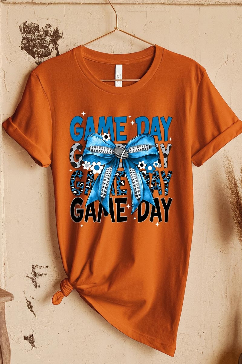 US3001-E3089 Blue Silver Football Game Day Bow Graphic Tee $12.5