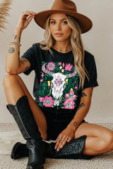 5000P-E3086 Western Floral Cow Skull Plus Heavy Cotton Tee $12.75