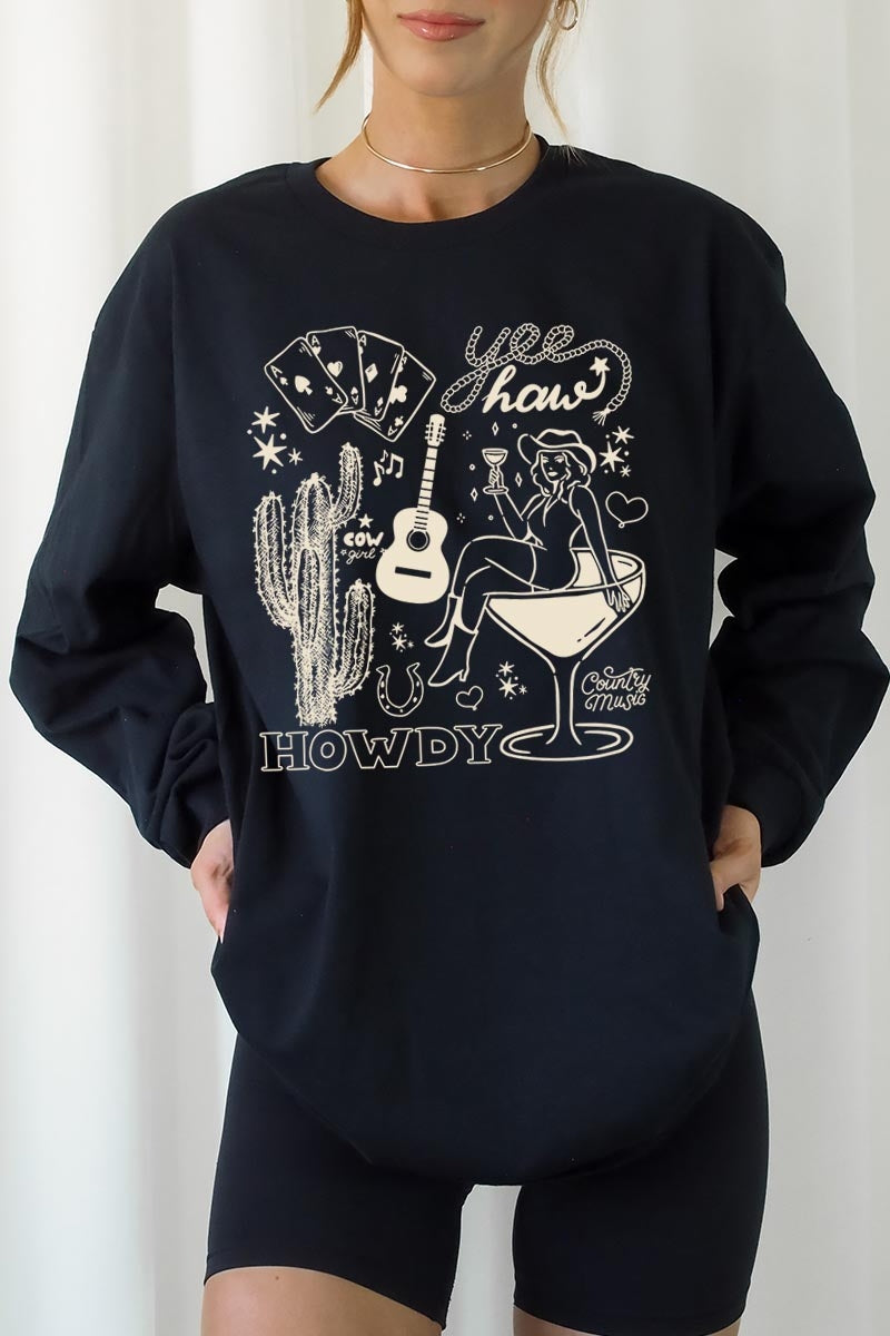 UL240-E3097 Cowgirl Country Music Graphic Long Sleeve Tee $13.75