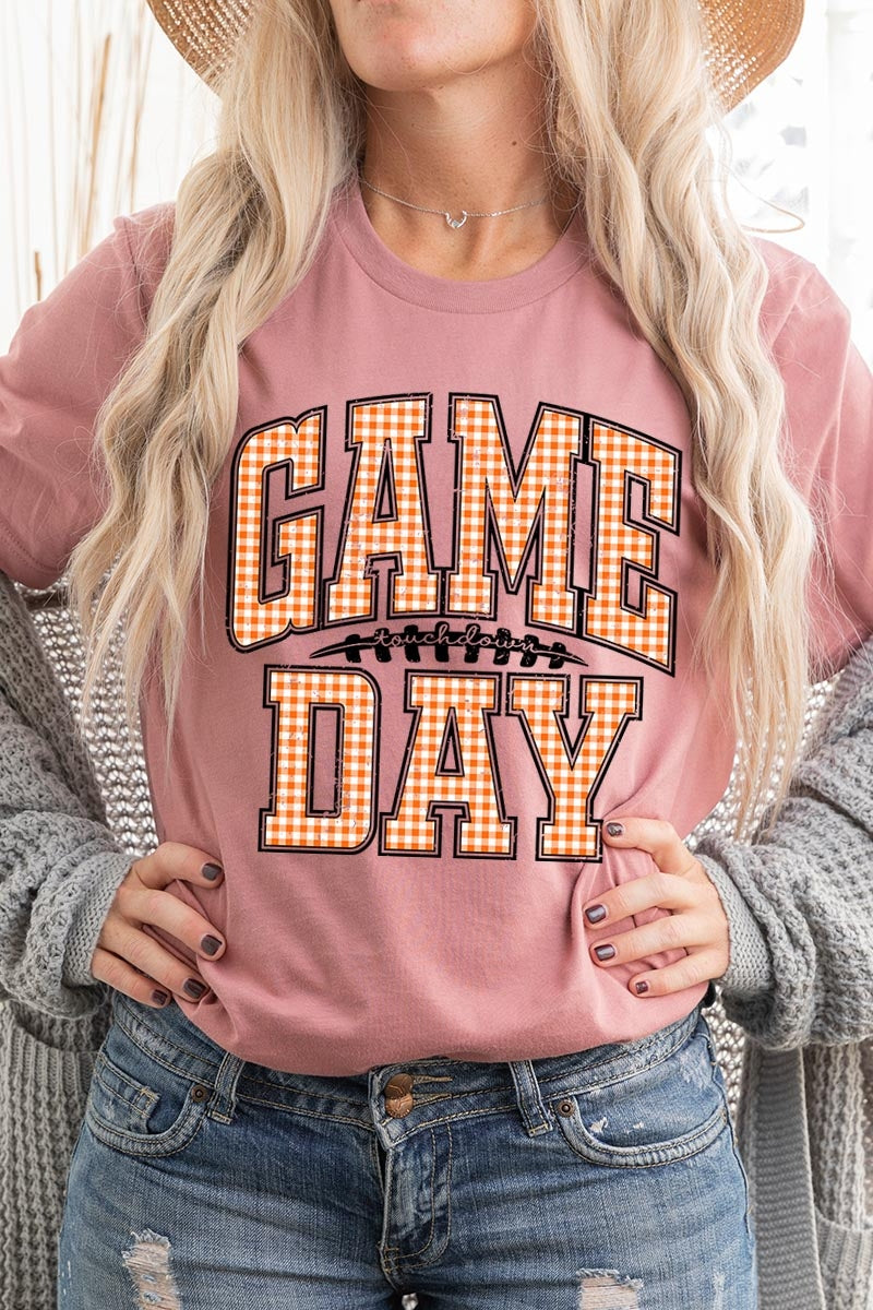 US3001P-E3129 Orange Gingham Game Day Graphic Plus Tee $16